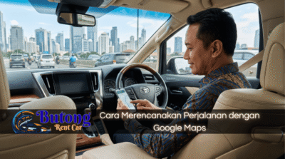 Supir Butong Rent Car merencanakan rute perjalanan menggunakan Google Maps di dalam Alphard premium, ilustrasi cara merencanakan perjalanan dengan Google Maps.