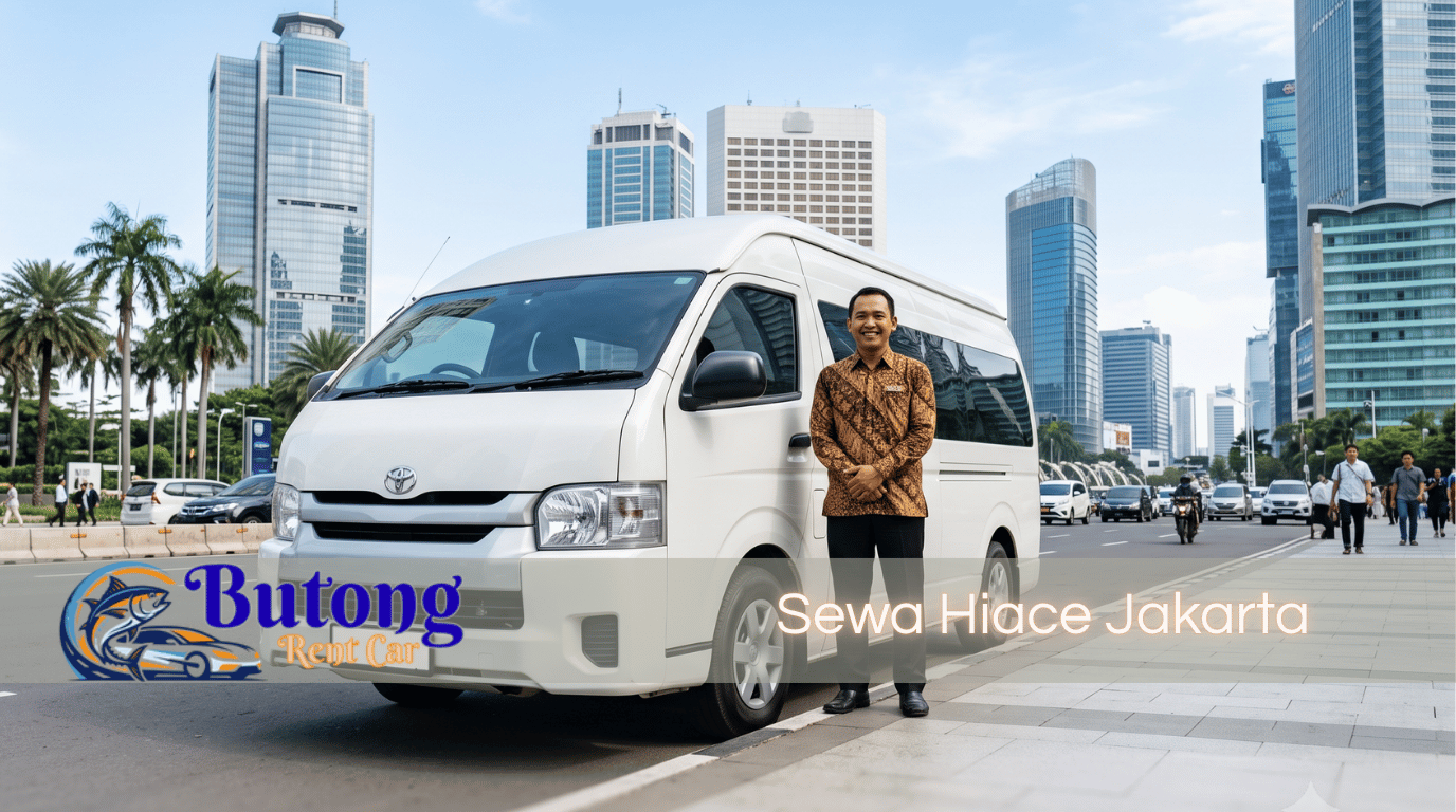 Supir Butong Rent Car berseragam batik siap melayani sewa Hiace Jakarta dengan Hiace putih di kawasan perkantoran modern.