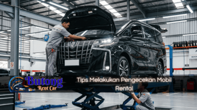 Montir profesional melakukan pengecekan mobil Alphard di bengkel modern, ilustrasi tips pengecekan mobil rental yang aman dari Butong Rent Car.