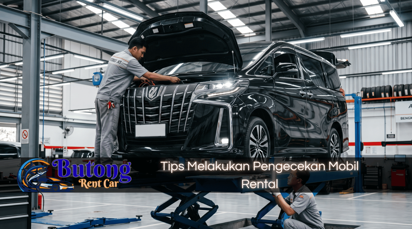 Montir profesional melakukan pengecekan mobil Alphard di bengkel modern, ilustrasi tips pengecekan mobil rental yang aman dari Butong Rent Car.