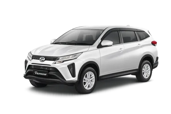 Daihatsu Terios putih tampak serong depan dan samping untuk layanan sewa mobil Jakarta dengan driver profesional