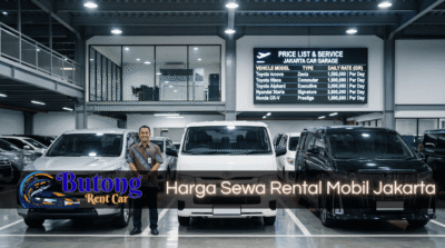 Garasi modern Butong Rent Car dengan deretan mobil dan display digital harga sewa, simbol transparansi harga sewa rental mobil Jakarta.
