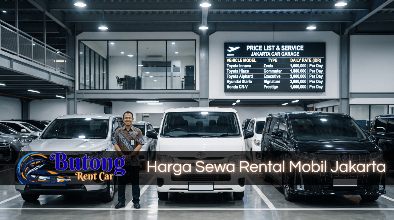 Garasi modern Butong Rent Car dengan deretan mobil dan display digital harga sewa, simbol transparansi harga sewa rental mobil Jakarta.