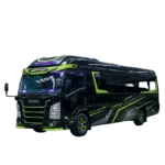Isuzu Long Elf hitam strip kuning tampak serong depan dan samping untuk layanan sewa Elf Jakarta dengan driver profesional
