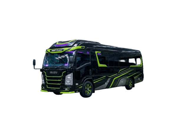 Isuzu Long Elf hitam strip kuning tampak serong depan dan samping untuk layanan sewa Elf Jakarta dengan driver profesional