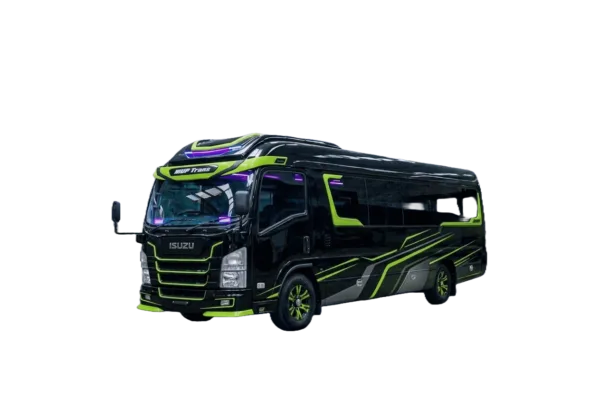 Isuzu Long Elf hitam strip kuning tampak serong depan dan samping untuk layanan sewa Elf Jakarta dengan driver profesional
