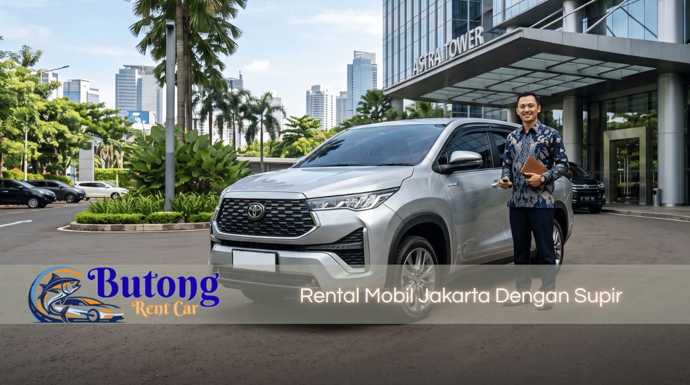 Supir Butong Rent Car berseragam batik siap melayani rental mobil Jakarta dengan supir di depan Astra Tower.