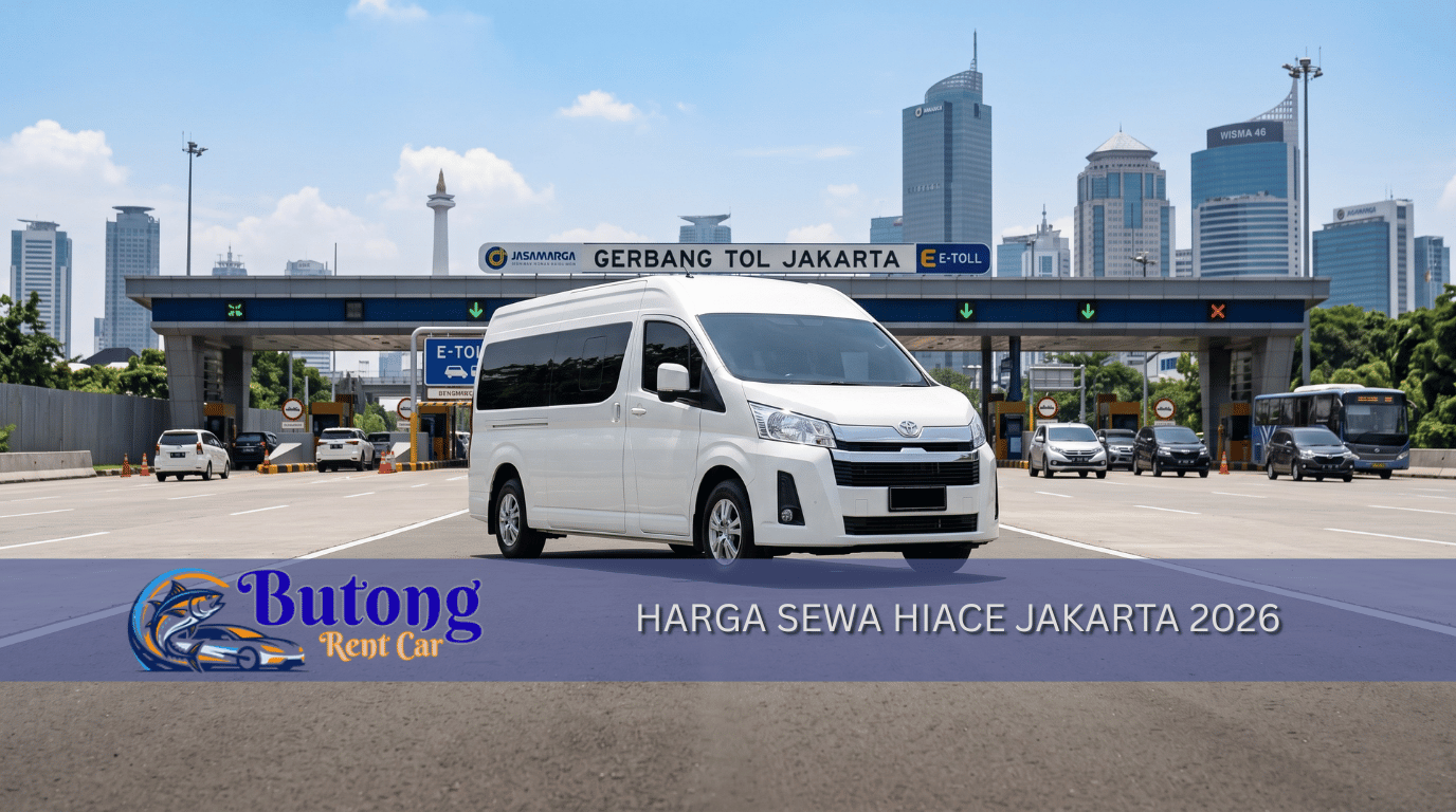 Harga sewa Hiace Jakarta terbaru 2026, mobil putih di gerbang tol
