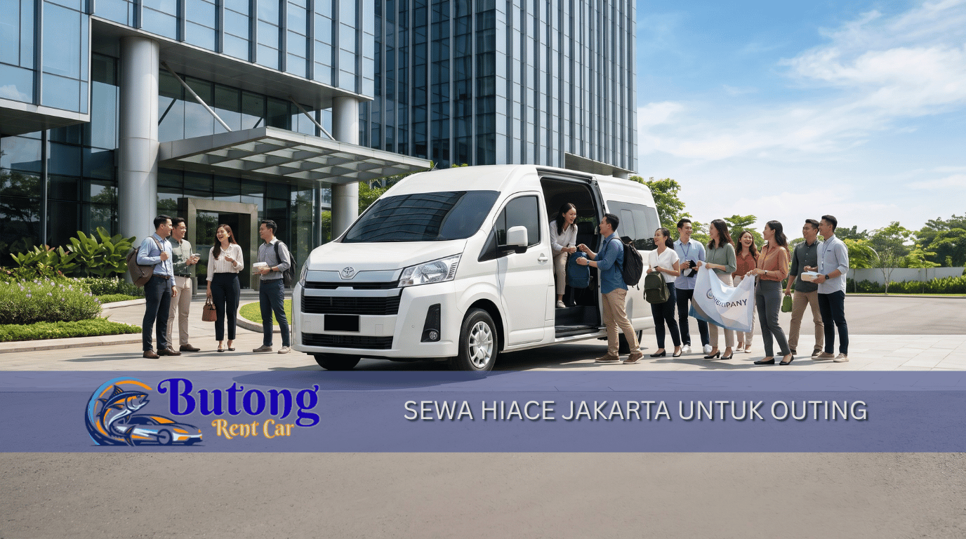 Sewa Hiace Jakarta untuk outing kantor, mobil putih di depan gedung