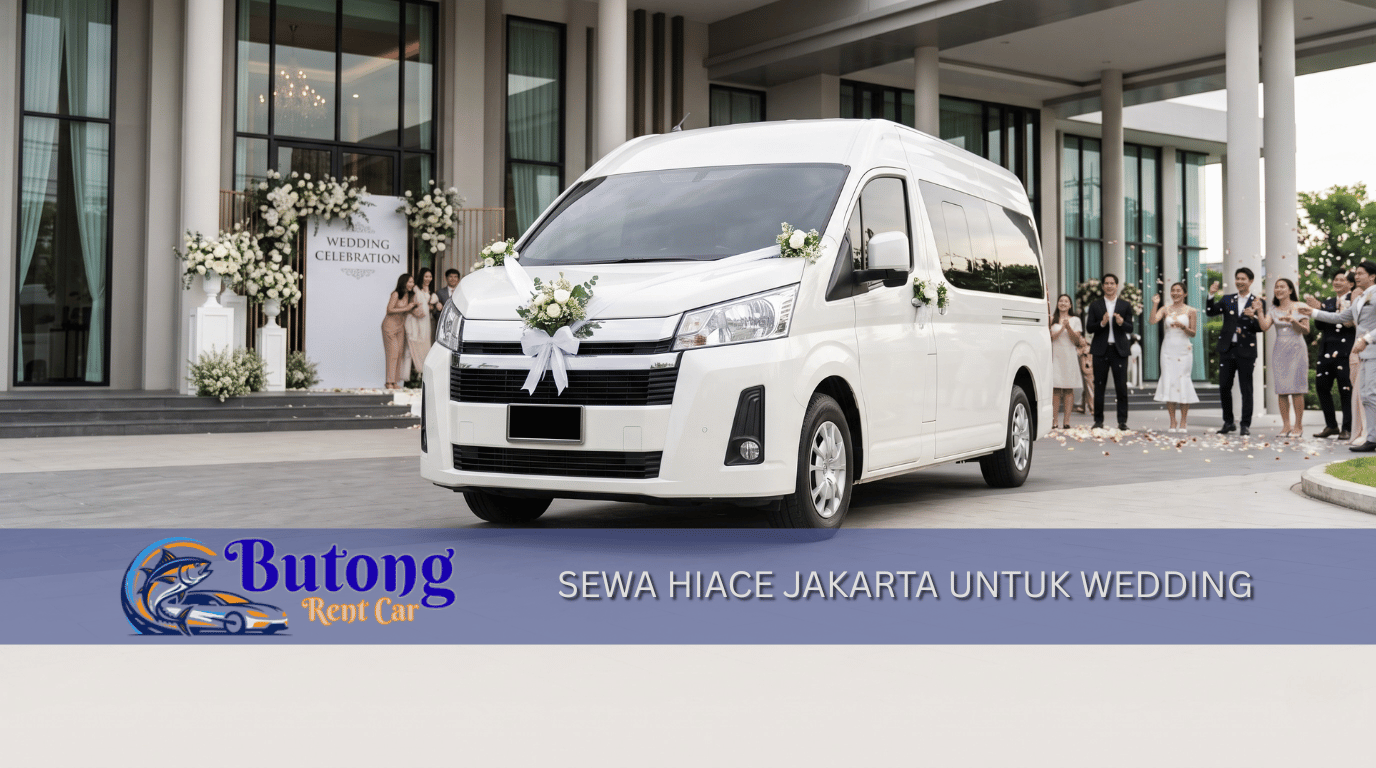 Sewa Hiace Jakarta untuk pernikahan, mobil putih dengan dekorasi di depan gedung